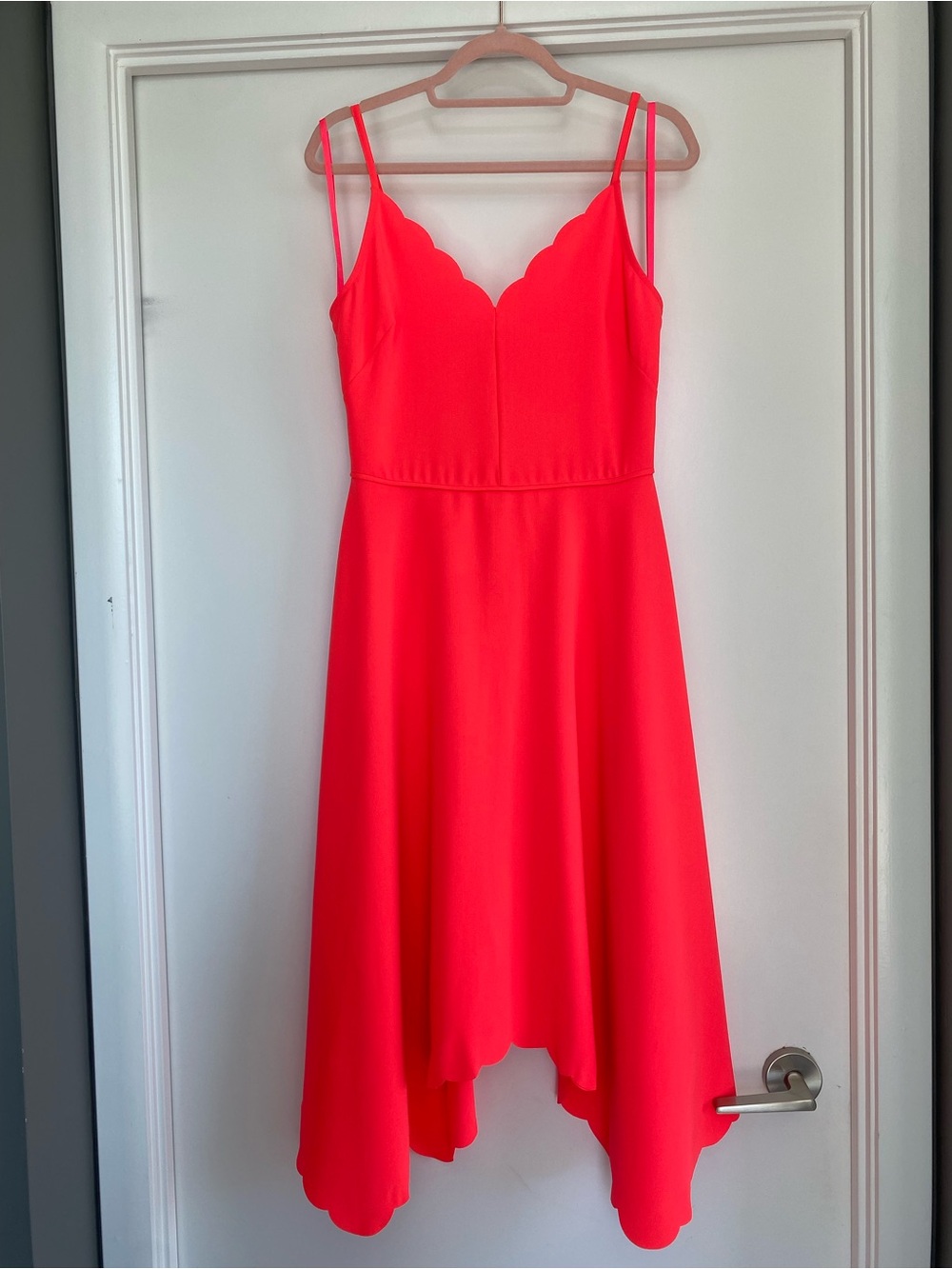 Ted Baker l Bright Coral Scallop-Edge Handkerchief Midi Dress